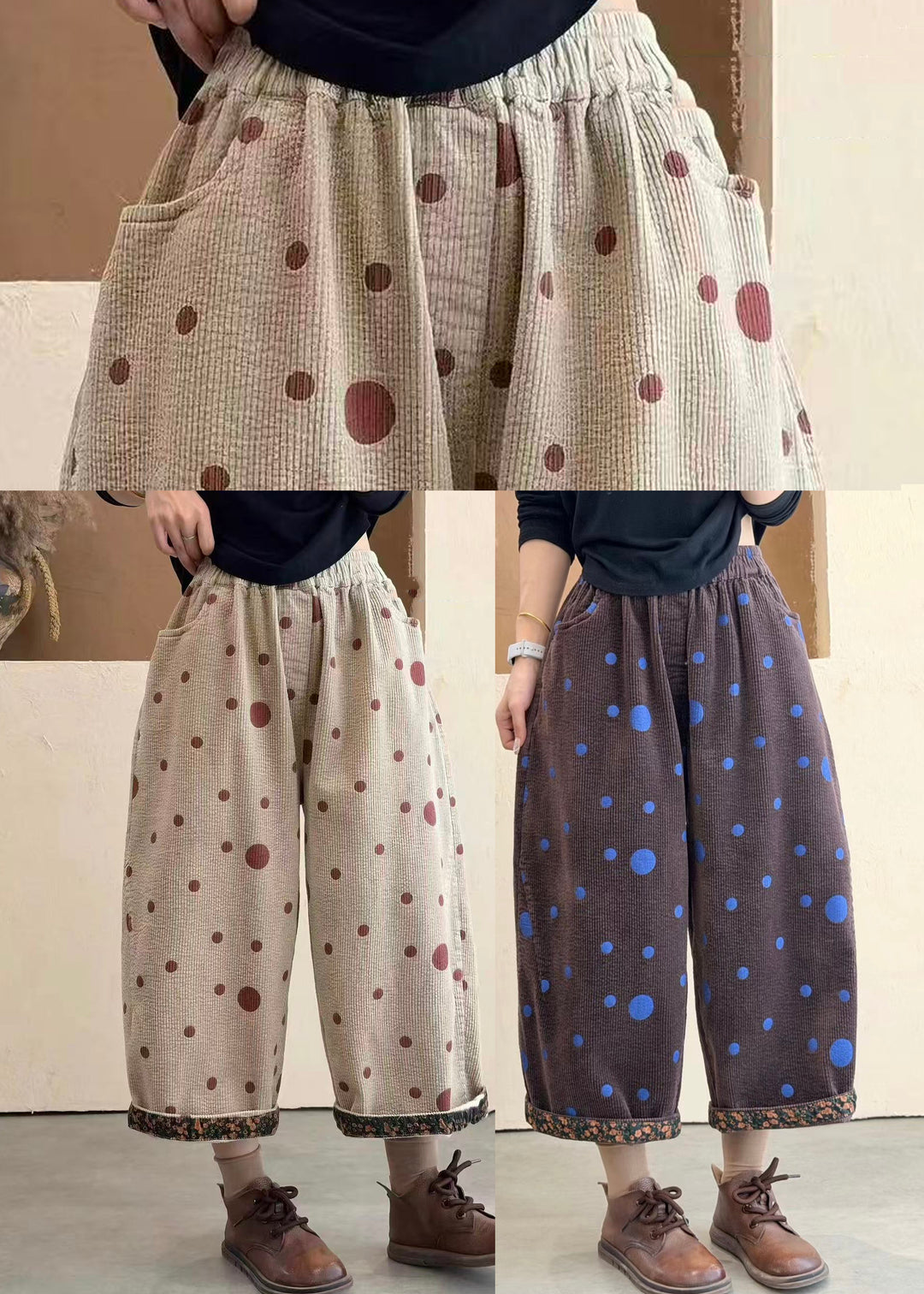 Women Apricot Polka Dot Print Pockets Cuffed Corduroy Crop Pants Fall