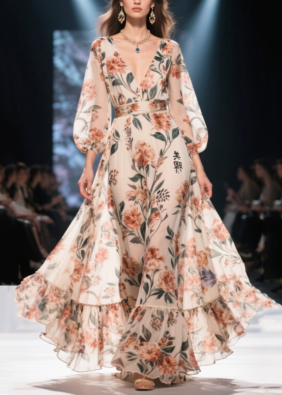 Women Apricot Print Chiffon Long Dress Exra Large Hem Summer