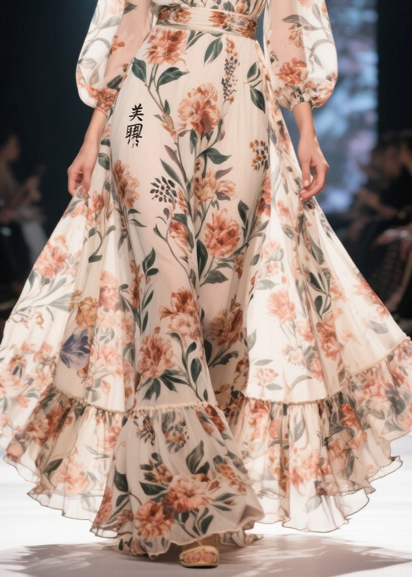 Women Apricot Print Chiffon Long Dress Exra Large Hem Summer