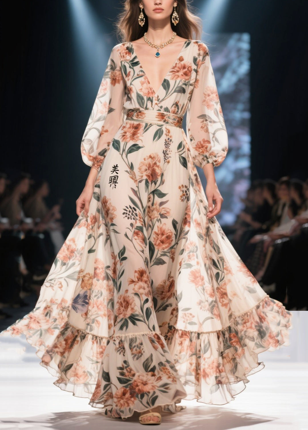 Women Apricot Print Chiffon Long Dress Exra Large Hem Summer