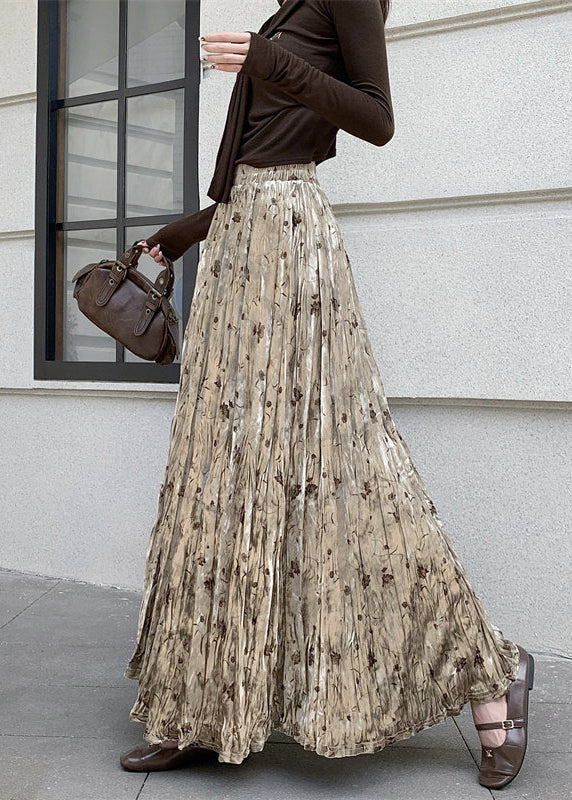 Women Apricot Print Draping Silk Velvet Skirts Spring - Omychic