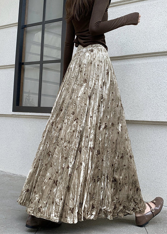 Women Apricot Print Draping Silk Velvet Skirts Spring - Omychic