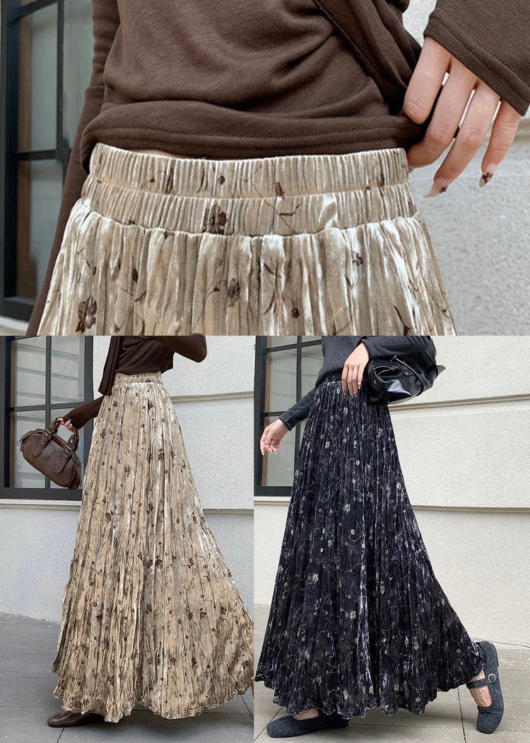 Women Apricot Print Draping Silk Velvet Skirts Spring - Omychic