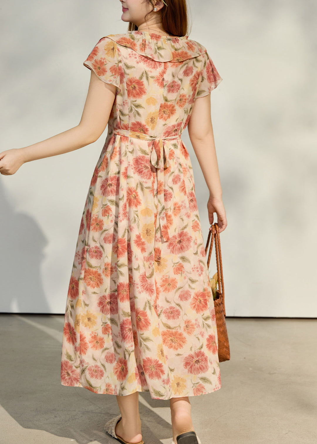 Women Apricot Ruffled Print Chiffon Robe Dresses Summer