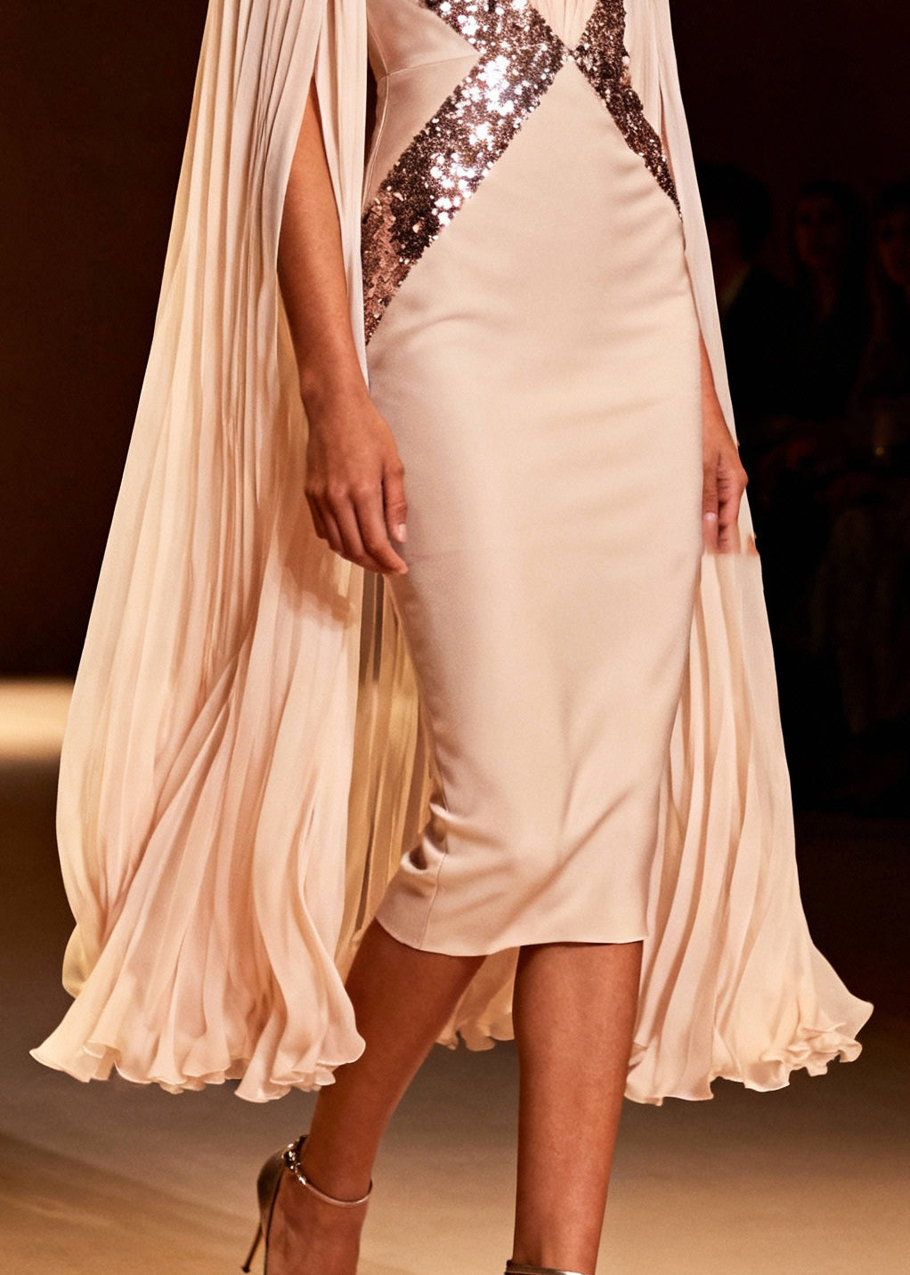 Women Apricot Sequins Patchwork Chiffon Wraped Dress Cloak Sleeves