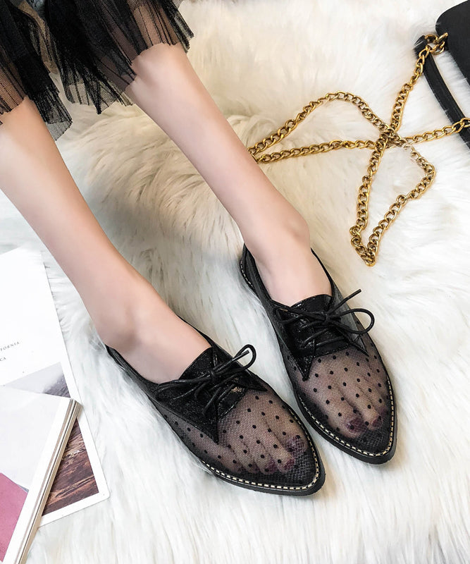 Women Apricot Splicing Flats Black Tulle Lace Up Pointed Toe