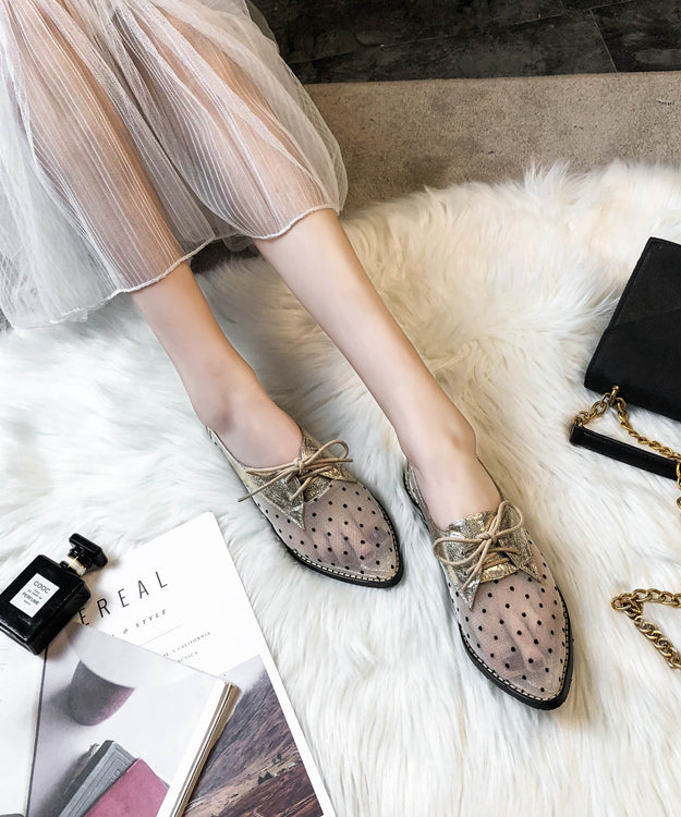 Women Apricot Splicing Flats Black Tulle Lace Up Pointed Toe