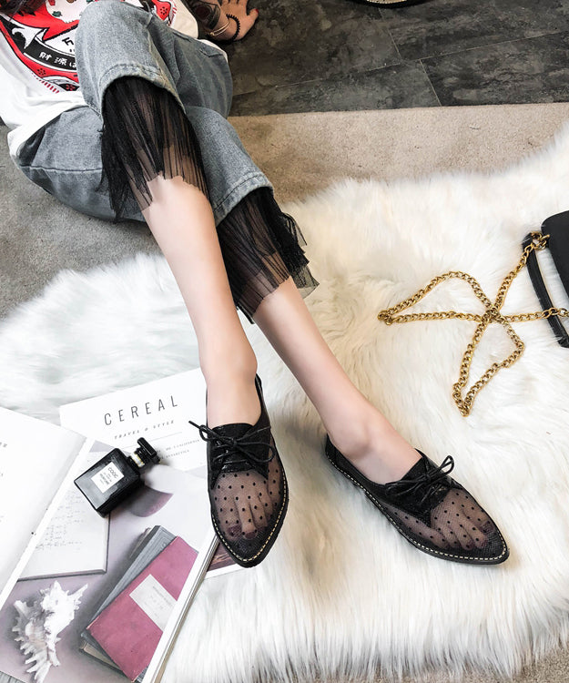 Women Apricot Splicing Flats Black Tulle Lace Up Pointed Toe