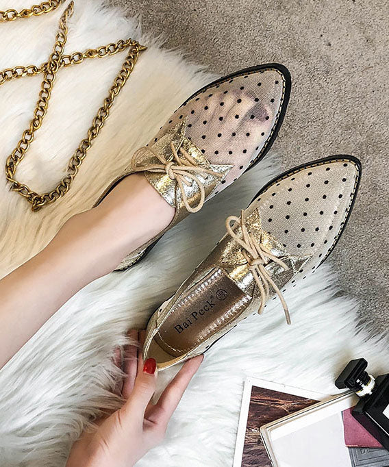 Women Apricot Splicing Flats Black Tulle Lace Up Pointed Toe