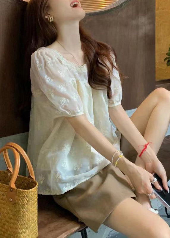 Women Apricot Square Collar Embroidered Cotton T Shirt Summer