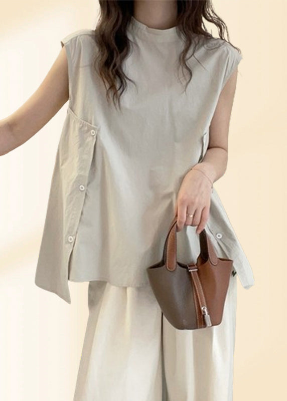 Women Apricot Stand Collar Asymmetrical T Shirt Short Sleeve