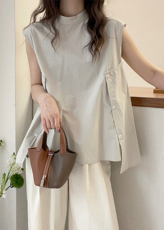 Women Apricot Stand Collar Asymmetrical T Shirt Short Sleeve