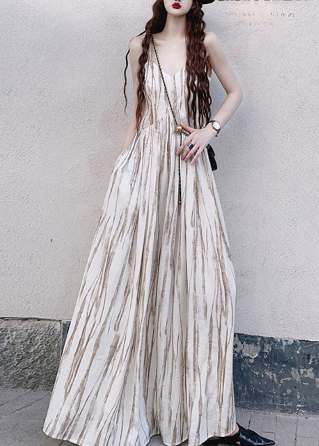 Women Apricot Striped Exra Large Hem Cotton Vacation Dresses Summer