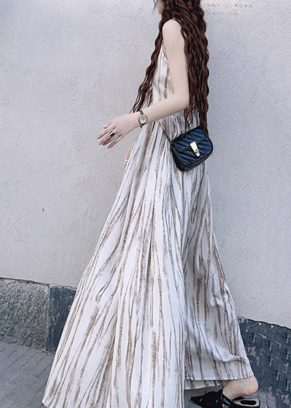 Women Apricot Striped Exra Large Hem Cotton Vacation Dresses Summer