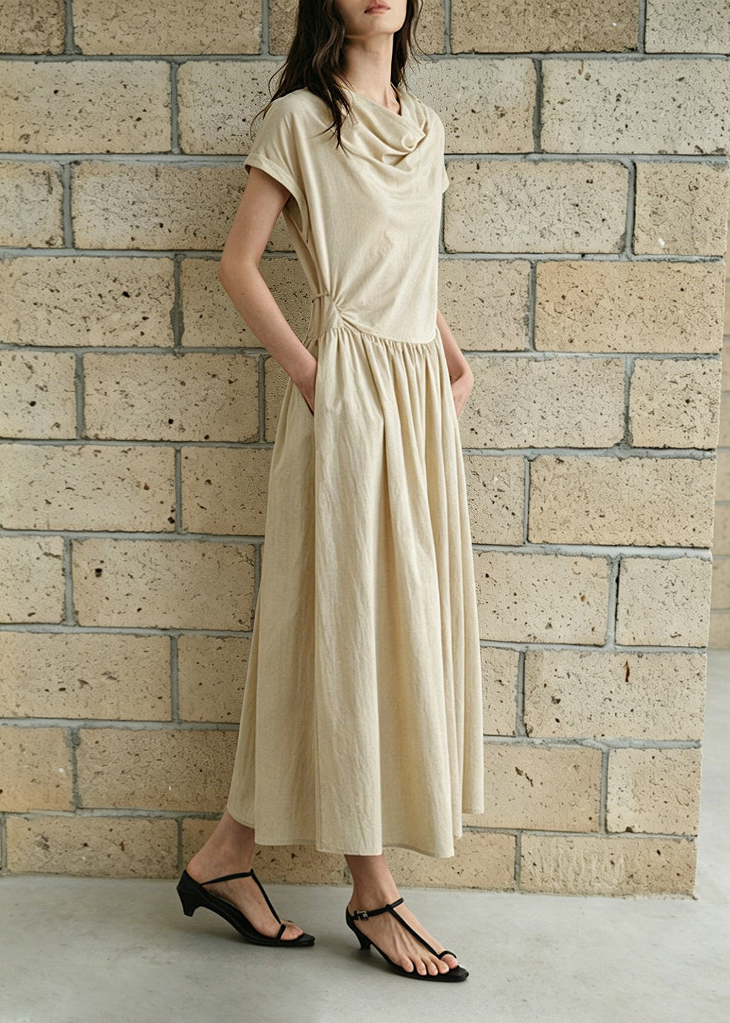 Women Apricot Tie Waist Cotton Maxi Dresses Summer