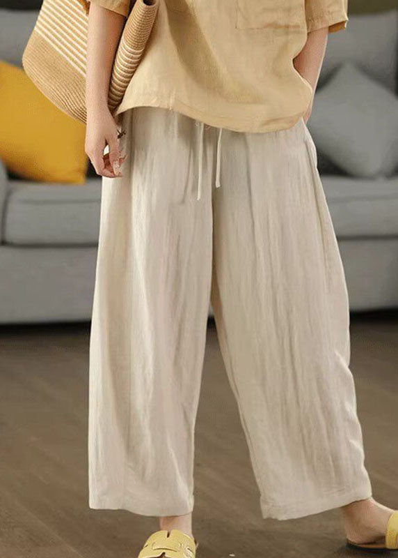 Women Apricot Tie Waist Pockets Solid Crop Pants Fall