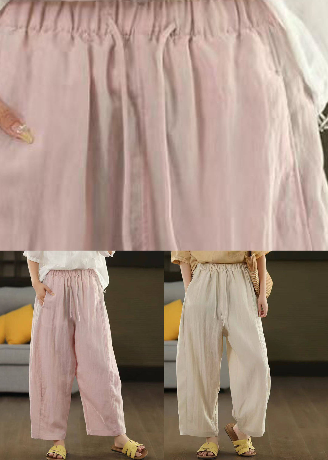 Women Apricot Tie Waist Pockets Solid Crop Pants Fall