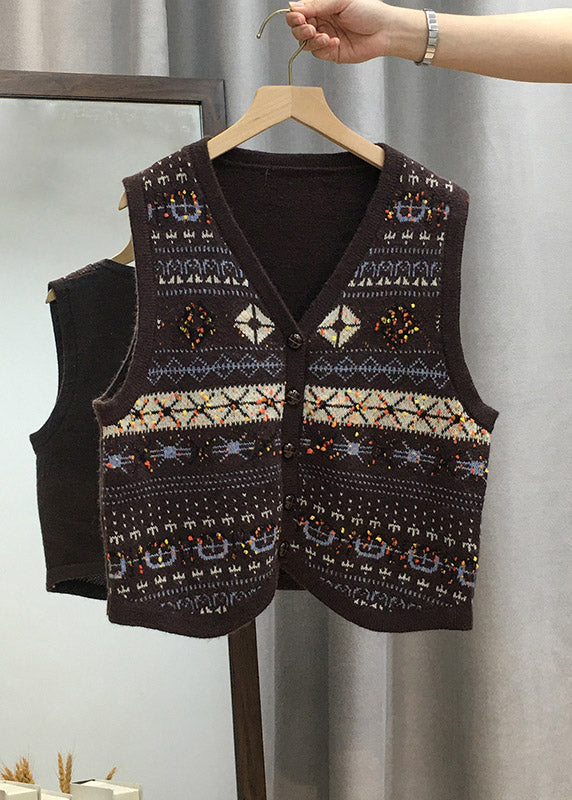 Women Apricot V Neck Button Knit Vest Tops Sleeveless