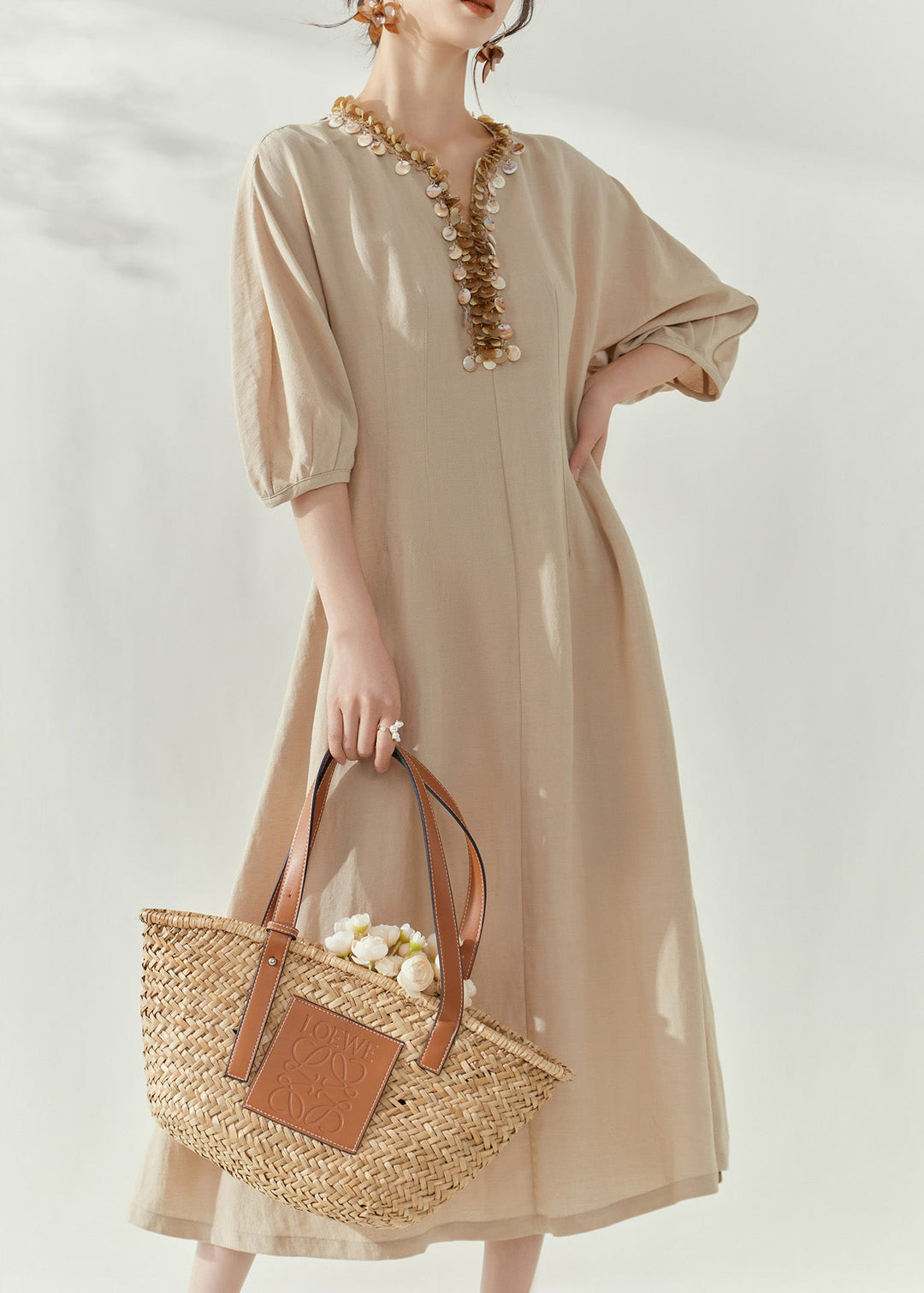 Women Apricot V Neck Maxi Dresses Fall