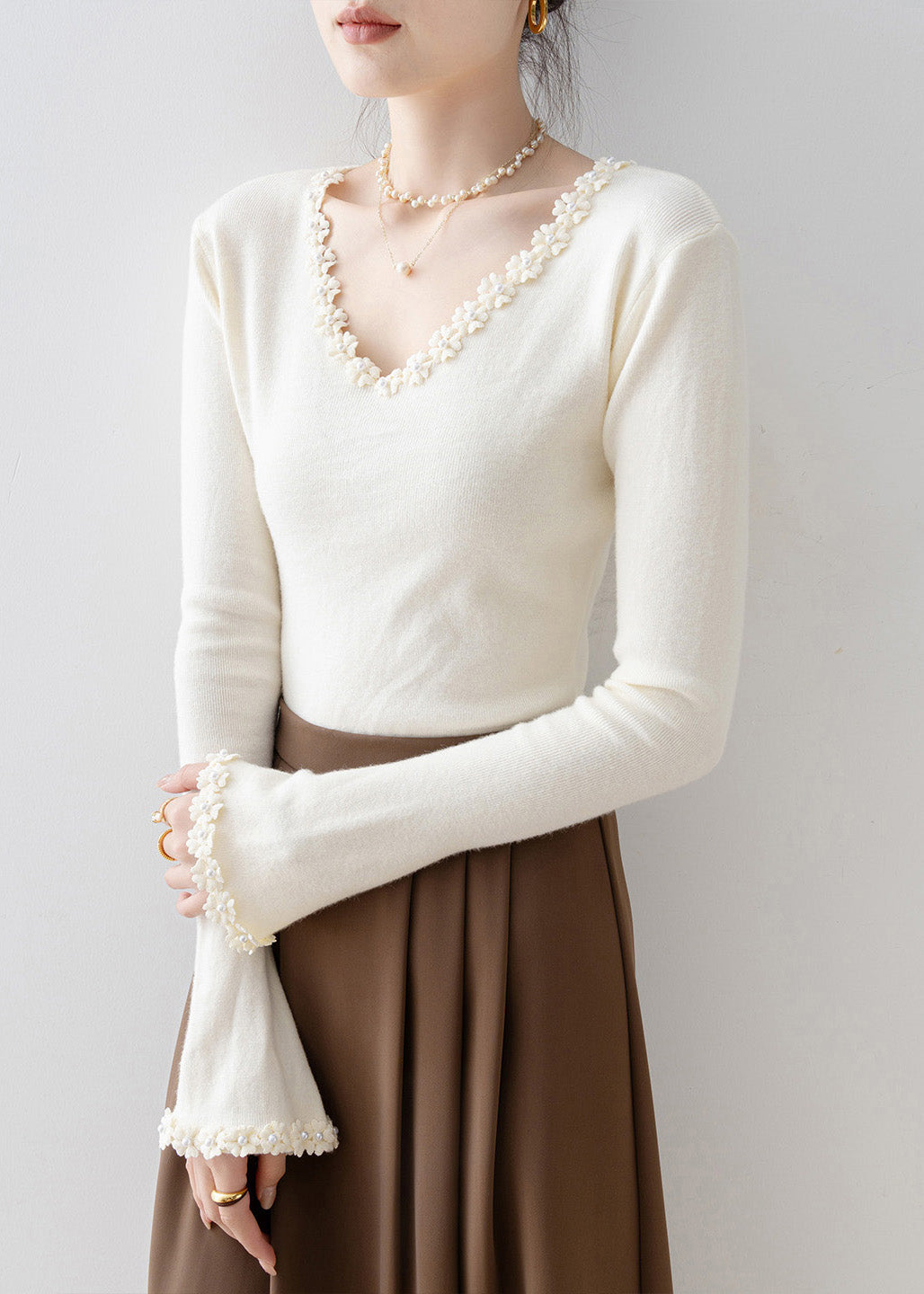 Women Apricot V Neck Patchwork Knit Sweaters Spring