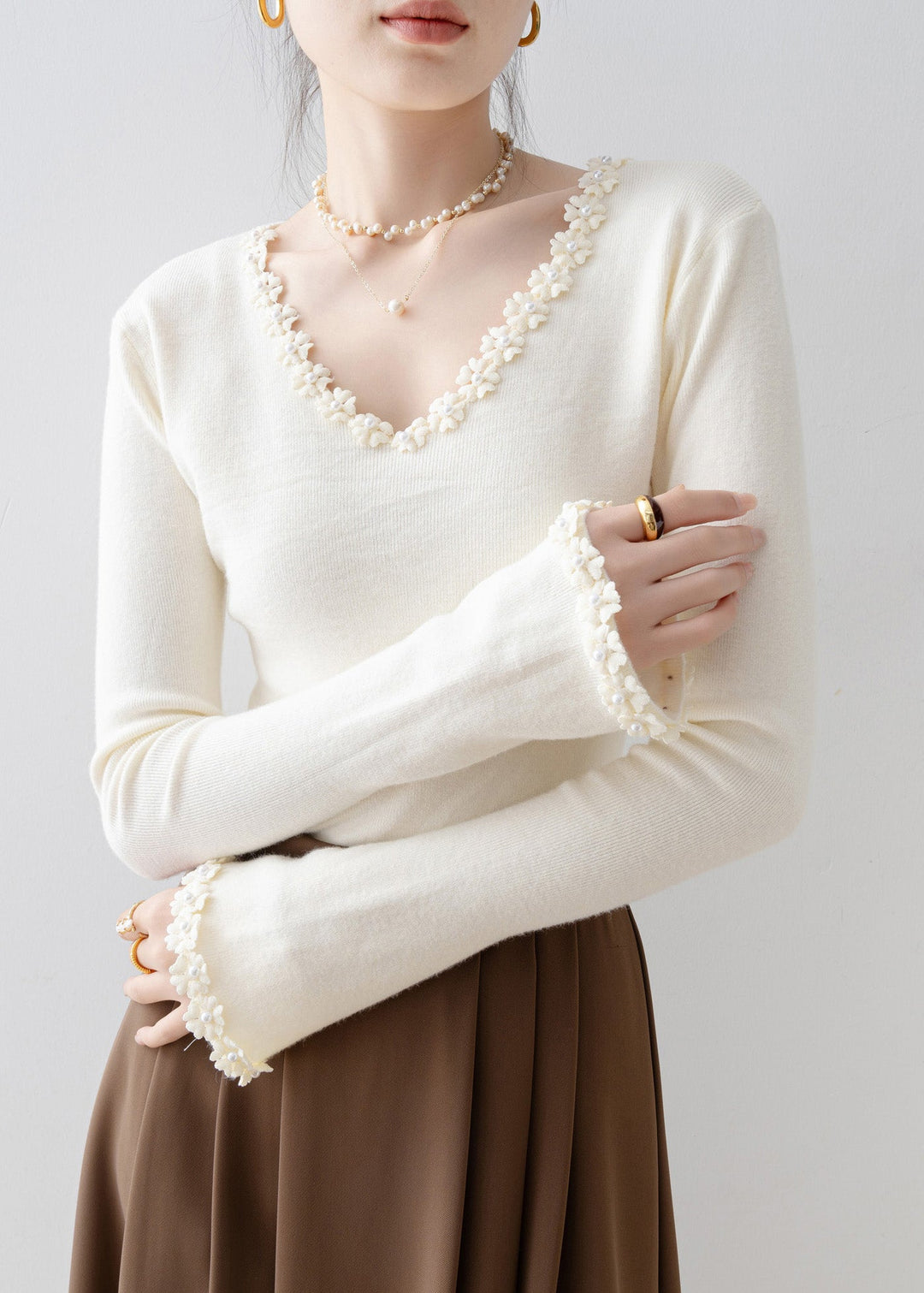 Women Apricot V Neck Patchwork Knit Sweaters Spring