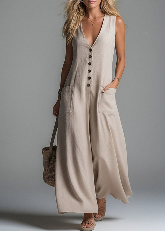 Women Apricot V Neck Pockets Cotton Jumpsuits Summer
