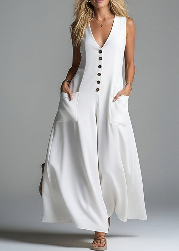 Women Apricot V Neck Pockets Cotton Jumpsuits Summer