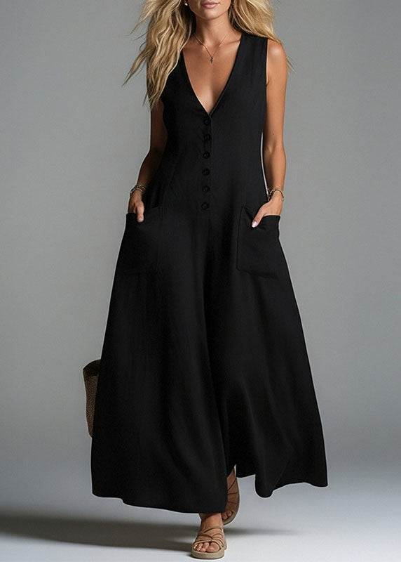 Women Apricot V Neck Pockets Cotton Jumpsuits Summer