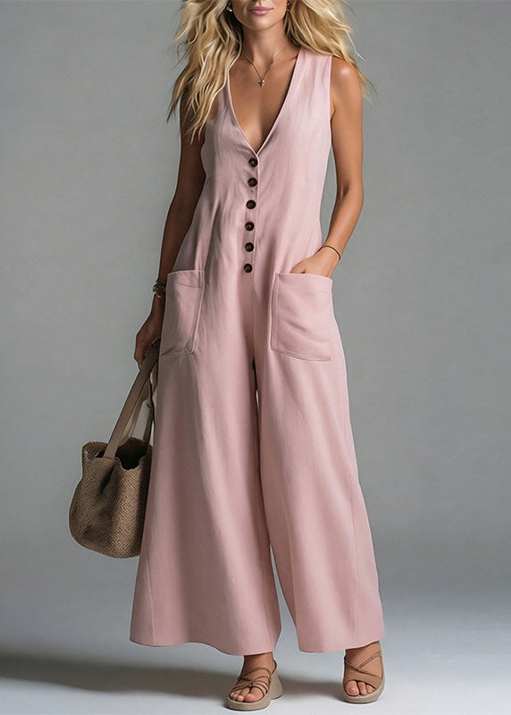 Women Apricot V Neck Pockets Cotton Jumpsuits Summer