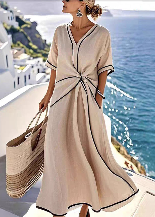 Women Apricot V Neck Wrinkled Pockets Cotton Long Dress Summer