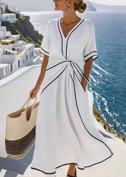 Women Apricot V Neck Wrinkled Pockets Cotton Long Dress Summer