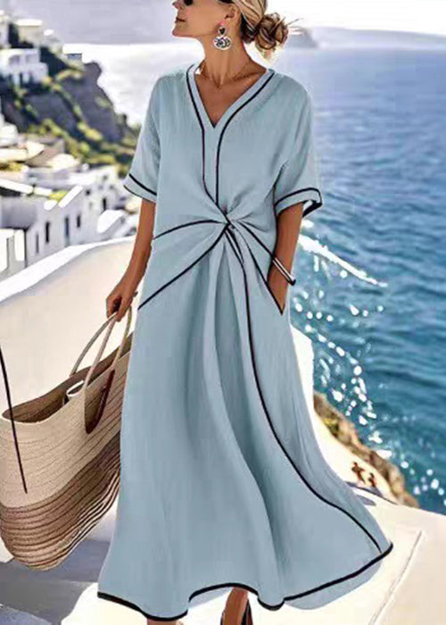 Women Apricot V Neck Wrinkled Pockets Cotton Long Dress Summer