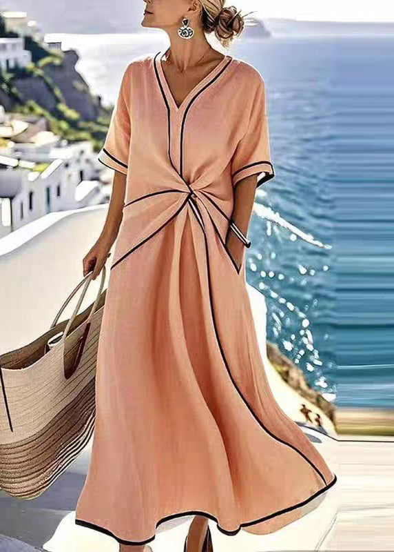 Women Apricot V Neck Wrinkled Pockets Cotton Long Dress Summer