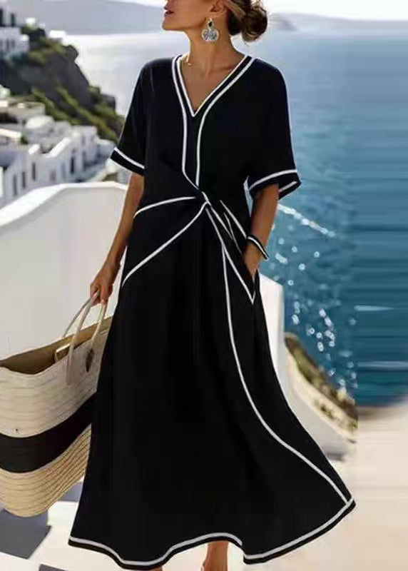 Women Apricot V Neck Wrinkled Pockets Cotton Long Dress Summer