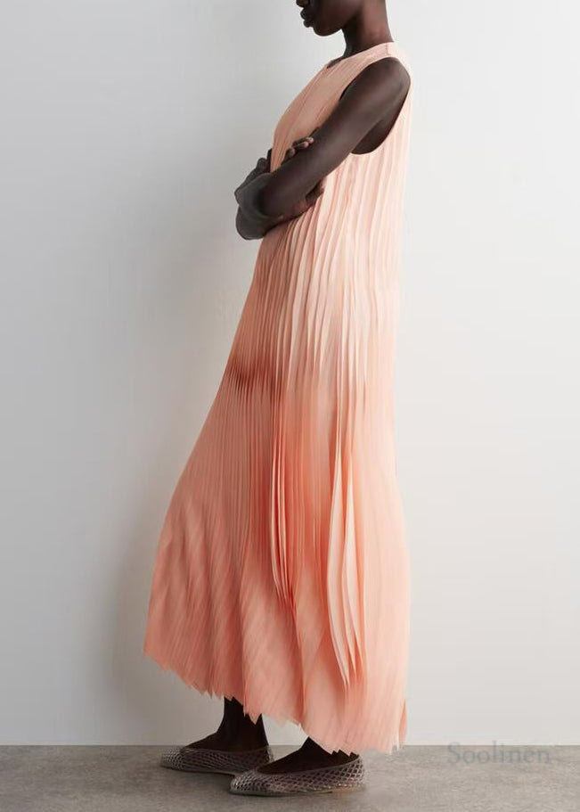 Women Apricot Wrinkled Chiffon Long Dress Sleeveless