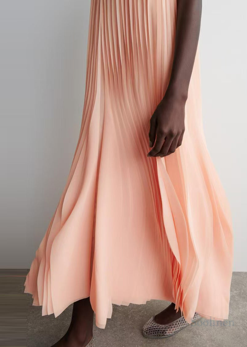 Women Apricot Wrinkled Chiffon Long Dress Sleeveless