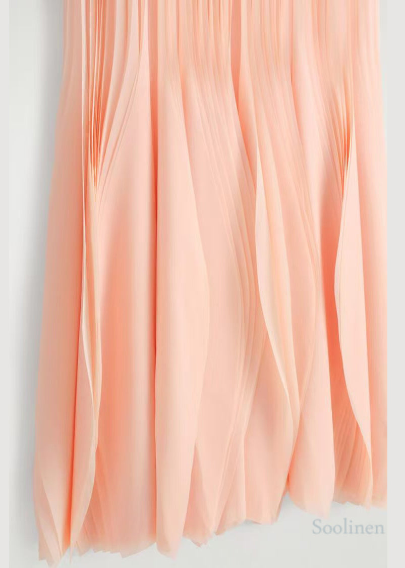 Women Apricot Wrinkled Chiffon Long Dress Sleeveless