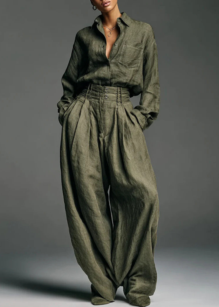 Women Army Green Button Pockets Shirts And Pants Two Piece Set Spring