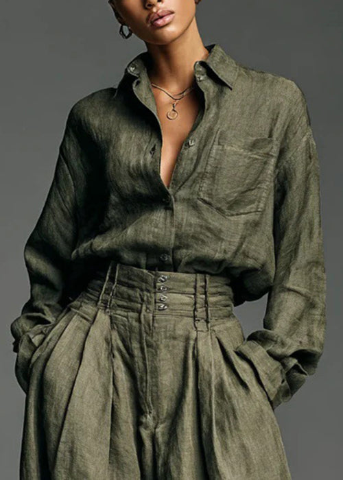 Women Army Green Button Pockets Shirts And Pants Two Piece Set Spring