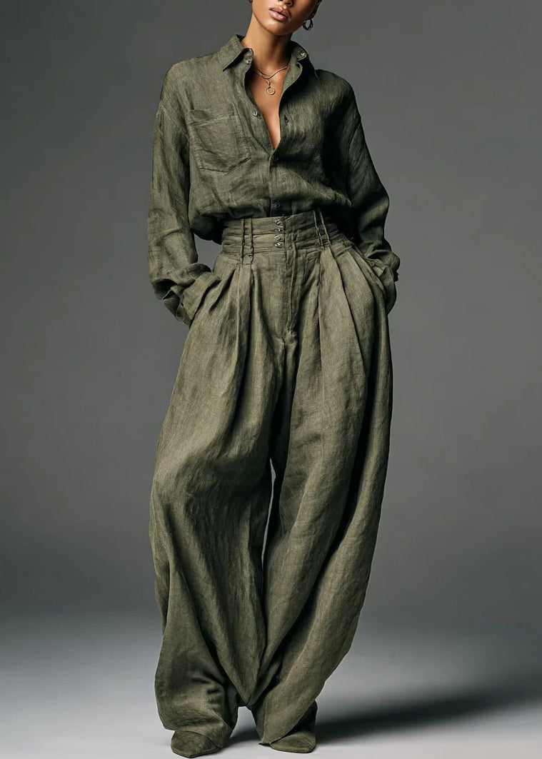 Women Army Green Button Pockets Shirts And Pants Two Piece Set Spring