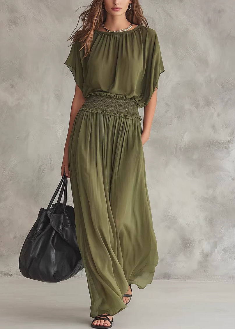 Women Army Green O Neck Patchwork Chiffon Dresses Summer - Omychic