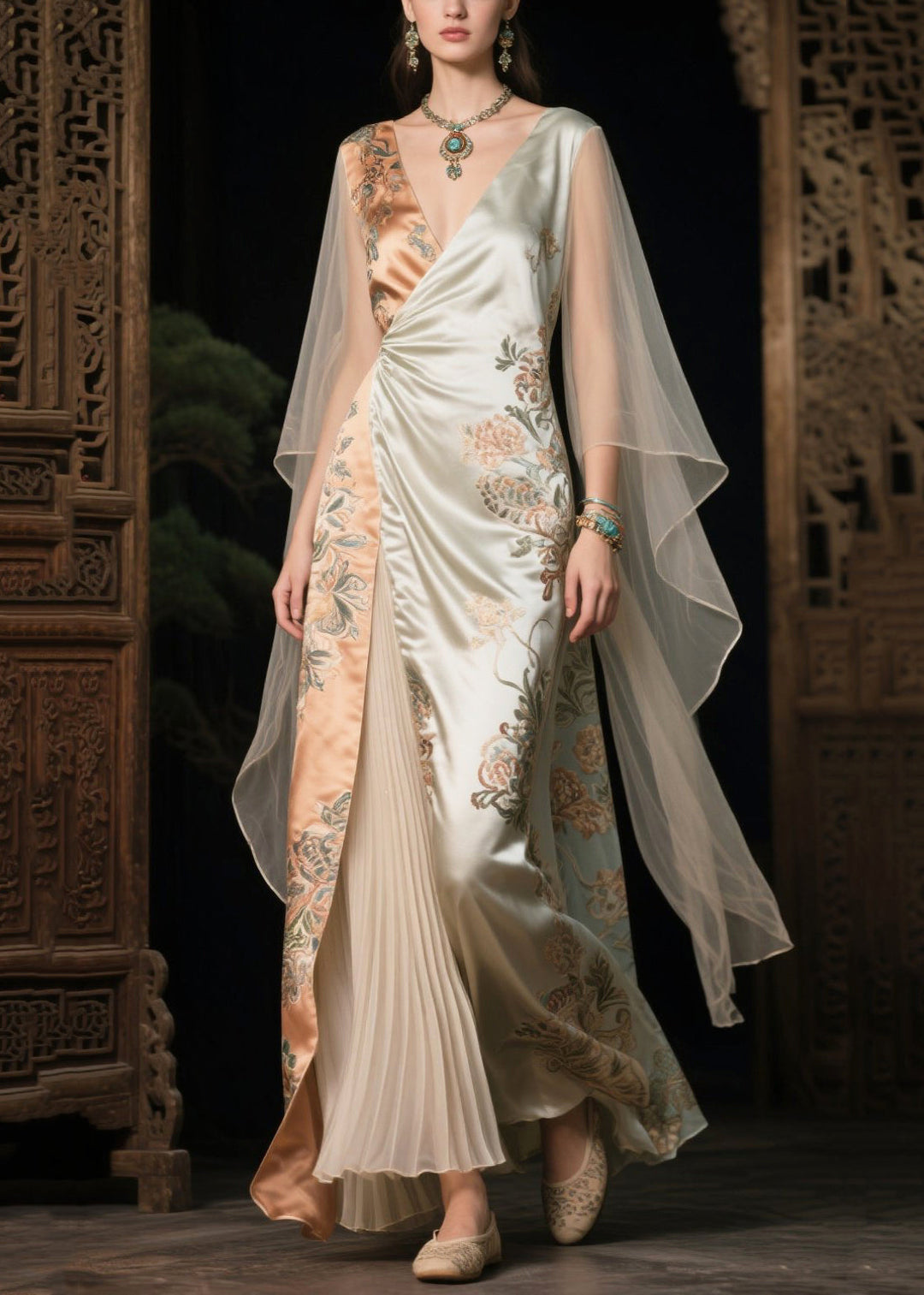 Women Asymmetrical Patchwork Tulle Evening Dress Cloak Sleeves