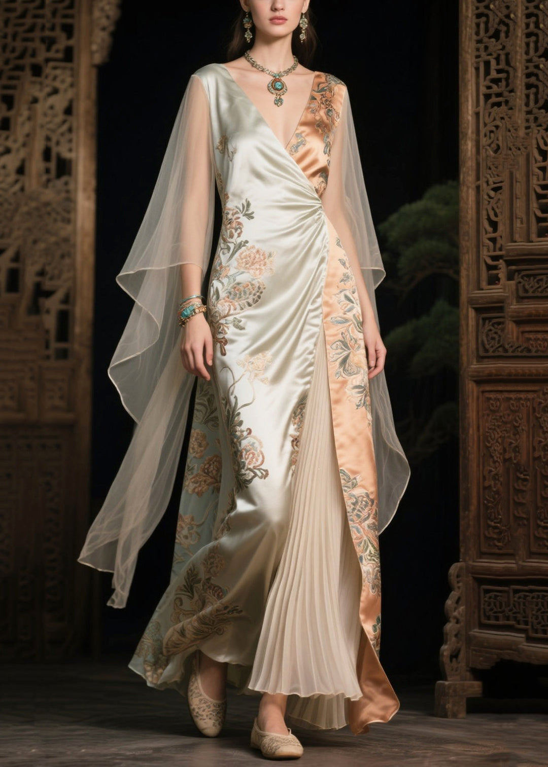 Women Asymmetrical Patchwork Tulle Evening Dress Cloak Sleeves