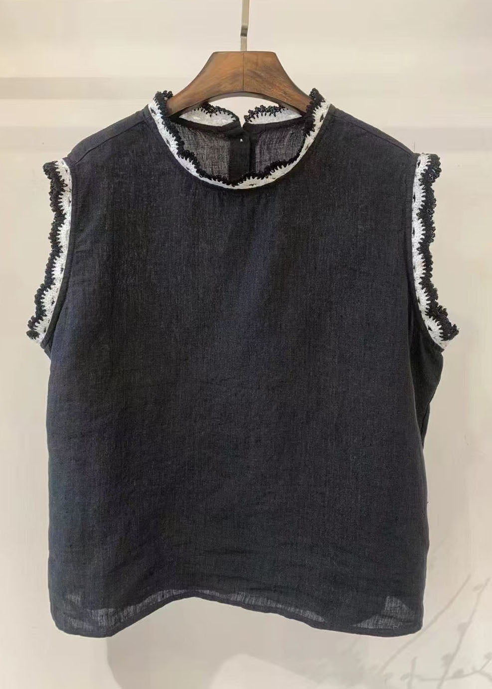 Women Back Button Down Patchwork Lace Linen Tops Sleeveless