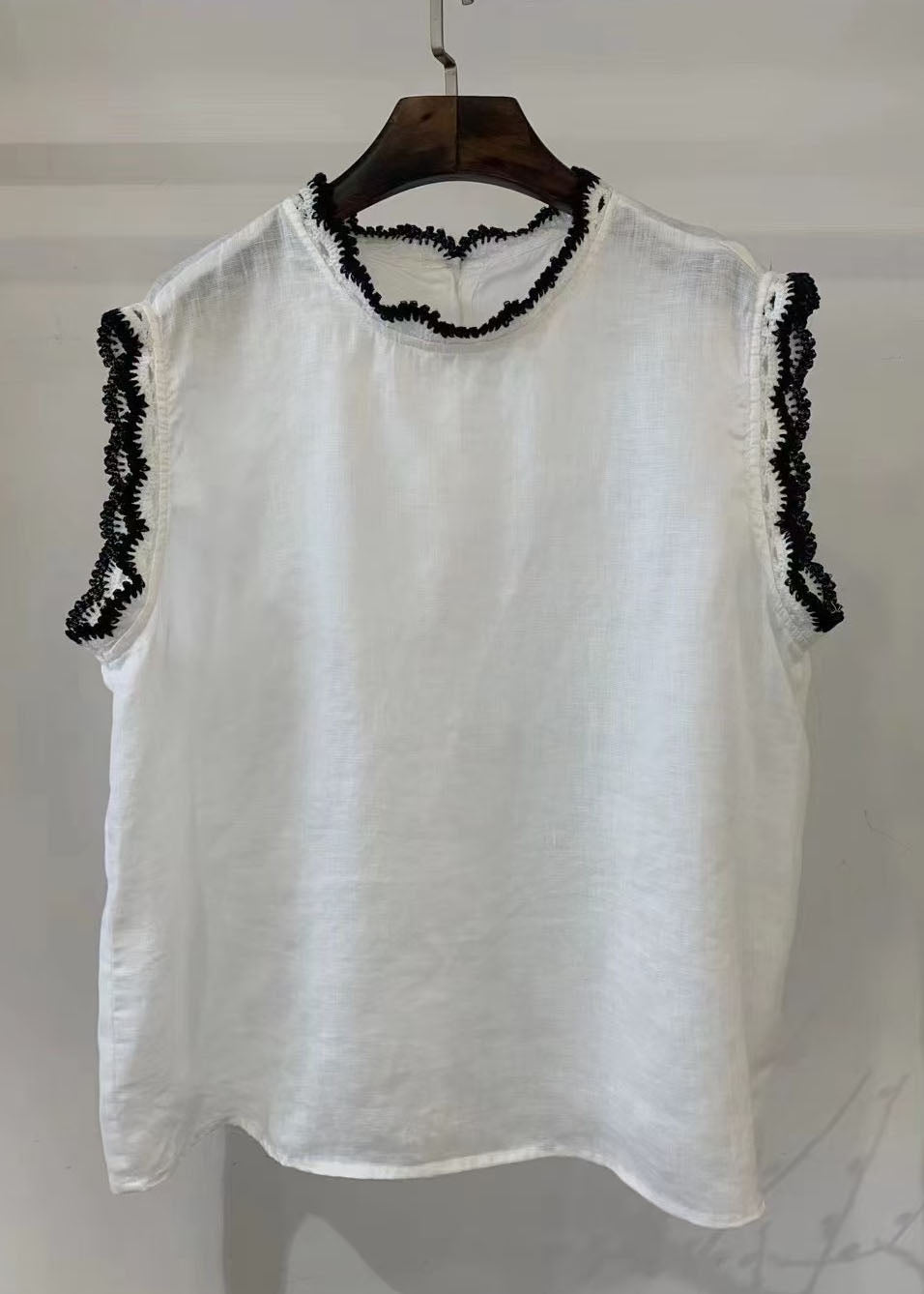 Women Back Button Down Patchwork Lace Linen Tops Sleeveless