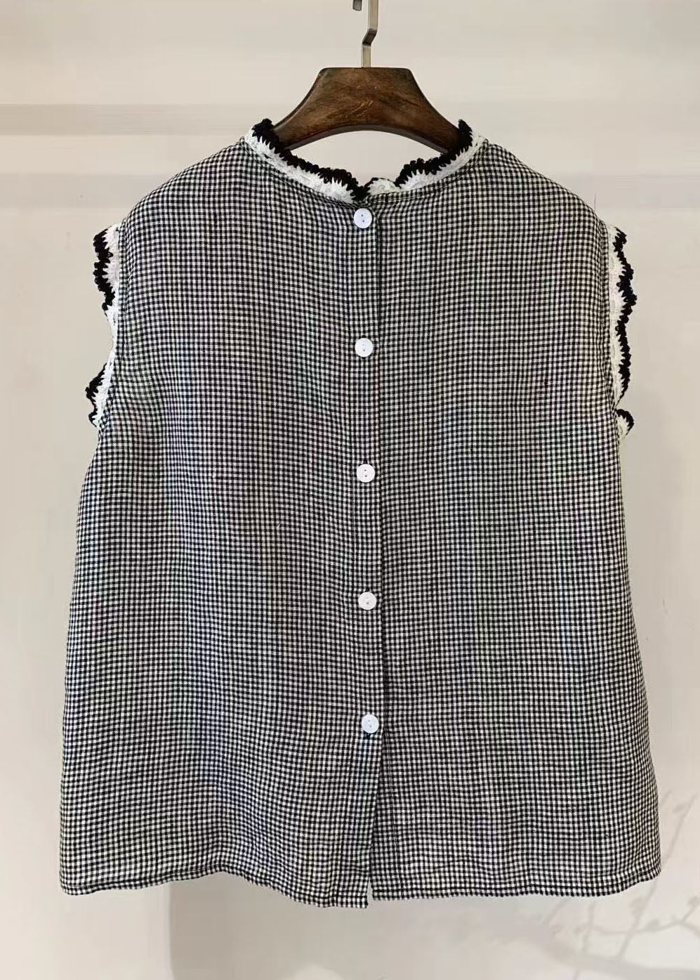 Women Back Button Down Patchwork Lace Linen Tops Sleeveless