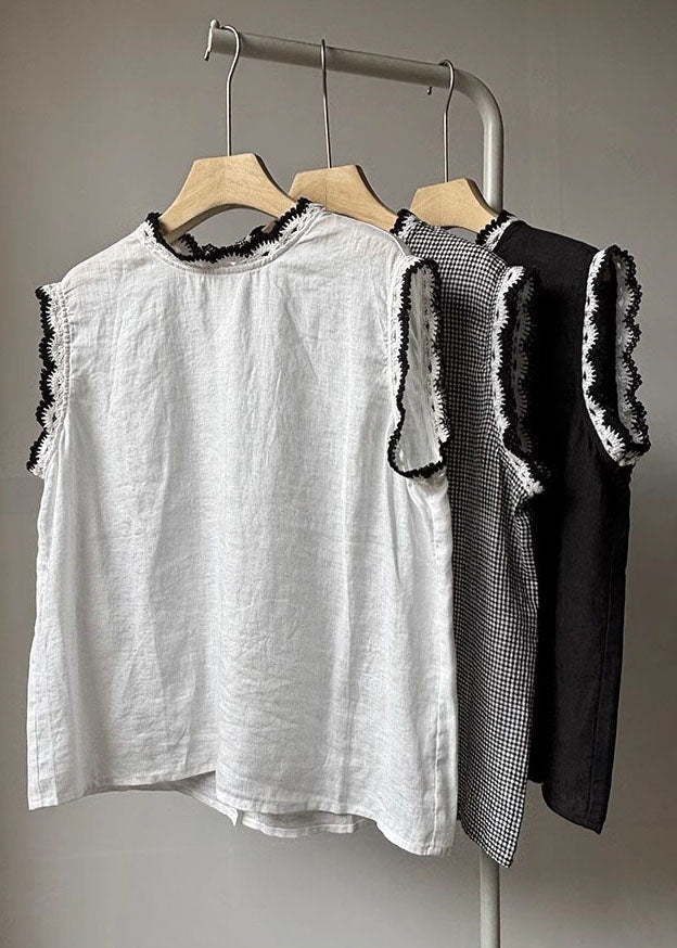Women Back Button Down Patchwork Lace Linen Tops Sleeveless