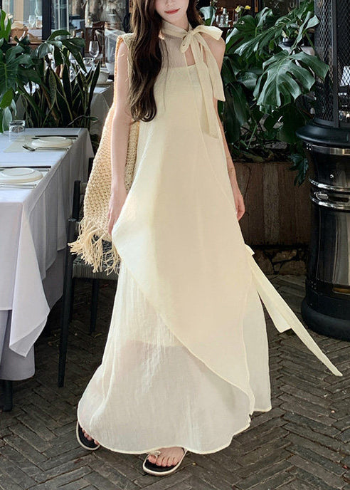 Women Beige Asymmetrical Chiffon Halter Dresses Summer