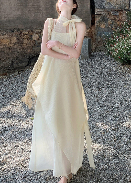 Women Beige Asymmetrical Chiffon Halter Dresses Summer
