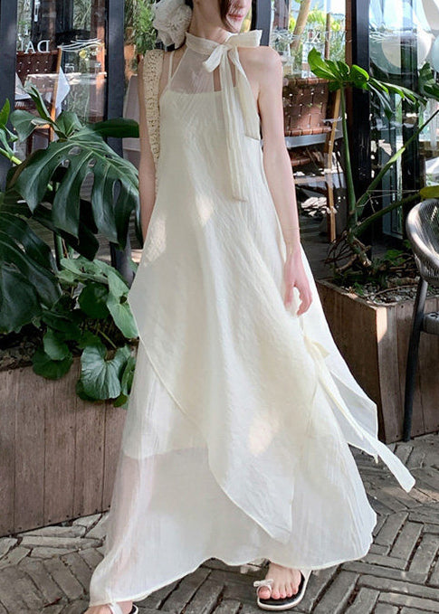 Women Beige Asymmetrical Chiffon Halter Dresses Summer